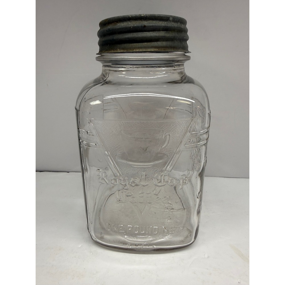 Vintage Royal Cup Coffee One Pound Net Glass Jar with Metal Lid Embossed V Logo